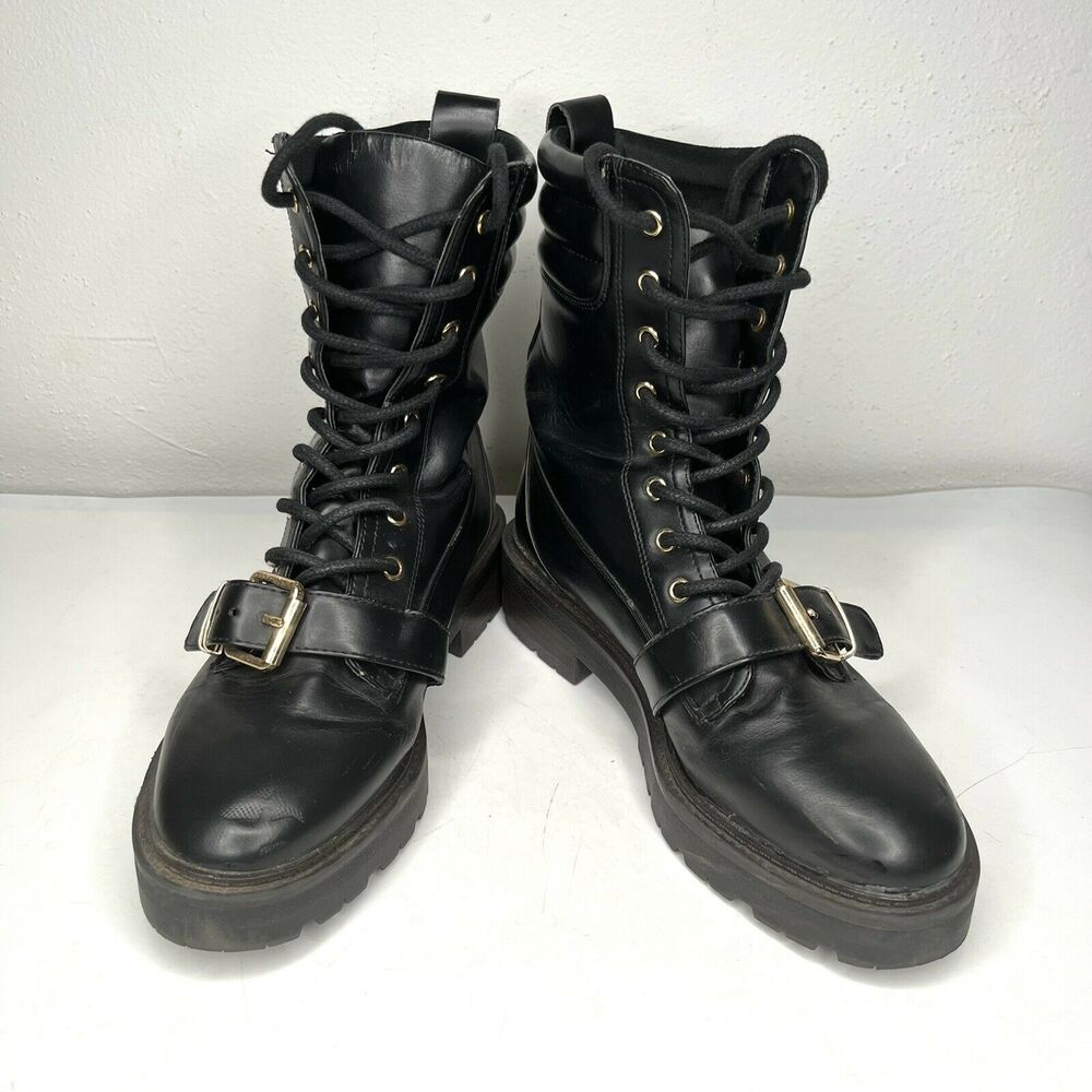 River Island Lace Up Classic Military Combat Boots Black Gold Buckle size 6